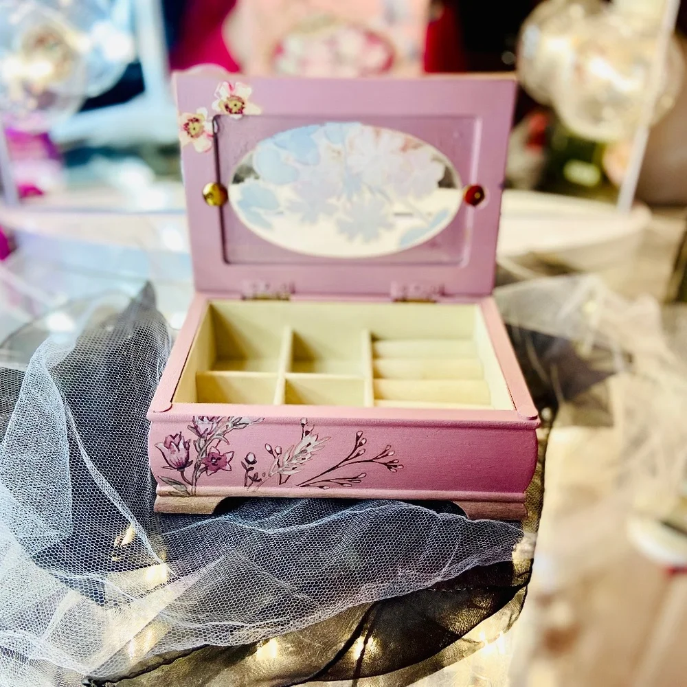 Pink Handmade Floral Painted Jewelry Box Wooden Flower Organizer Velour Interior - Picture 5 of 6